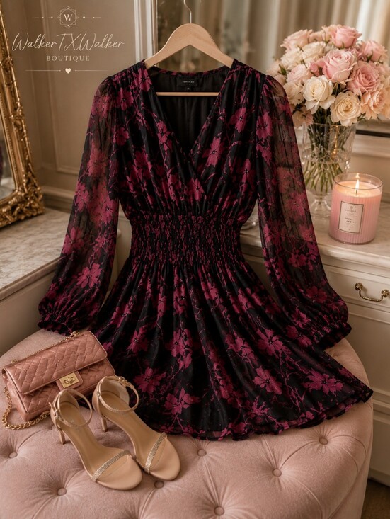 Current Air Dresses & Skirts - Pink Floral Pleated Mini Dress | Smocked Waist | Sheer Sleeve | Large